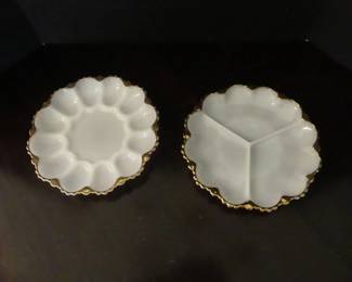 Vintage 1970s Milk Glass with Gold Trim Egg Tray & 3-Section Relish Dish