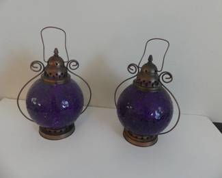 Vintage Pair of  Copper with Purple Glass Mosaic Pillar Candle/Tea Light Lanterns - 10" x 12"