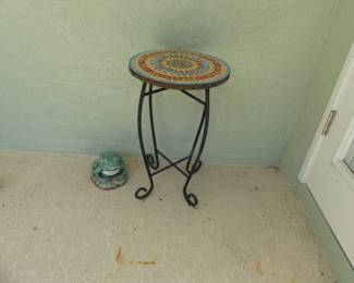 Pretty Black Cast Iron Table with Mosaic Top (14" Diameter x 23" Tall) and Ceramic/Cement Frog Statuette