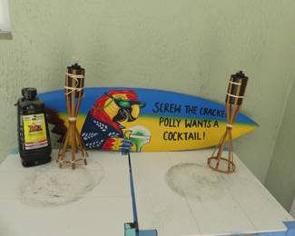 Tiki Bar Must Have! Cute Sign, Obiligatory Tiki Torches and Bottle of Torch Fuel