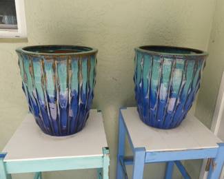 Pair of Terracotta Teal/Cobalt Glazed Planters - 14" Diameter x 15½" Tall