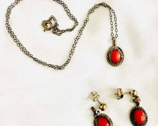 HPT005 Genuine Red Coral Pendant & Earrings Set