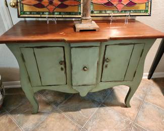 Green Sideboard with Natural Wood Top. Middle drawer is 3D.
