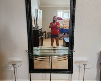 Full Length Black Miror - Midcentury Half Moon Table with 2 Side Tables all 3 have glass tops - chrome base