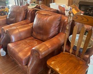 Fine matching thick real leather matching chairs with 2 leather matching ottoman’s 