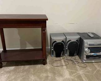 End Table and Stereo with Two Speakers