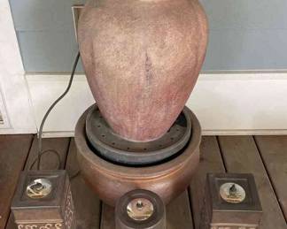 Fountain and three Outdoor Oil Lamps