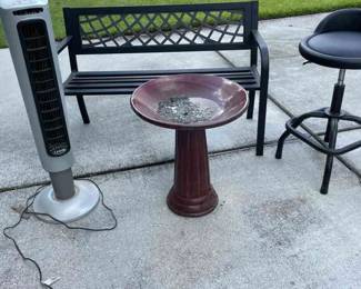 Outdoor Bench, Birdbath, Stool and Fan