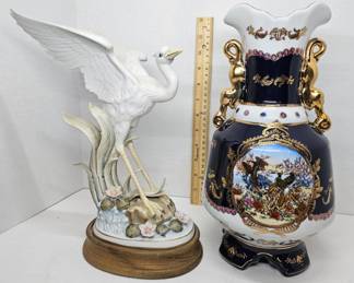 (Chipped Wing) White Heron & 12" Limoges Blue Cobalt Vase