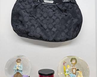 Coach Black Signature C Kiss-Lock Purse M1294, Wallace First Communion Pewter Snow Globe, DW Home Sweet Pea Pomegranate Candle & Disney "This is Love" Snow Globe