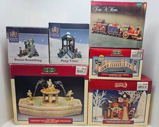 Carole Towne: Snow Boarding & Play Time, Trim At Home Wood Train, Lemax: Lighted Village Square Fountain, Porcelain Lighted House & Lighted Somerset Foot Bridge