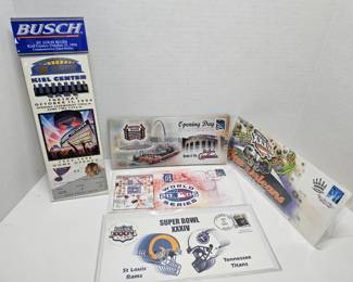Kiel Center Inaugural Ticket w/stand
Assorted Collectible Envelopes: Opening Day Busch Stadium, World Series 2006, Super Bowl XXXIV (STL Rams SB) & Super Bowl XXXVI (Brady's 1st SB Win)