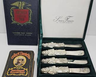 Vintage "Remember Pearl Harbor" - America Goes to War Book, Vintage Jack Daniels Playing Cards Full Deck w/ Jokers & Godinger Silver Treasures Santa Butter Knives
