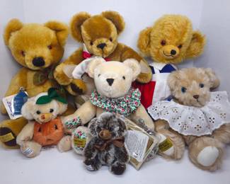 Merrythought Bears: 15" Oliver Holmes Signed, 1930's Replica w/ Dutch Pants & Growler #76/5000, Mrs. Twisty Cheeky #26/500, Baby Blue Eyes #326/500, Strawberry Fayre #144/500, Cheeky Tipped #42/250 & Cheeky Little Pumpkin #102/250