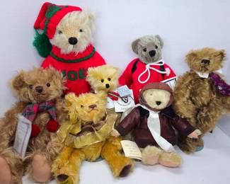 Dean's Rag Book Past Times: Kingsley #407/2500, Noel #337/1000 & Gustav Comes to America Signed #17/400.  Merrythought Archie Junior #77/500, Canterbury Bears - Gilbert, Muffy Vanderbear Flight Suit, Merrythought "A Gift of Love on This Special Occasion" Tag #284/500