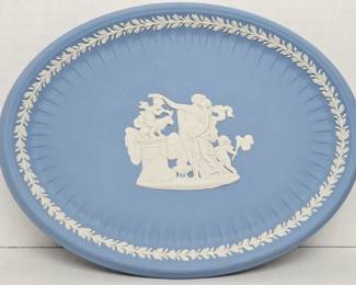Wedgwood Blue Jasperware 10" Oval Kissing Couple Cupid Plate