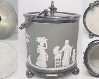 Wedgwood Green Jasperware Ice Bucket w/Silverplate Accents