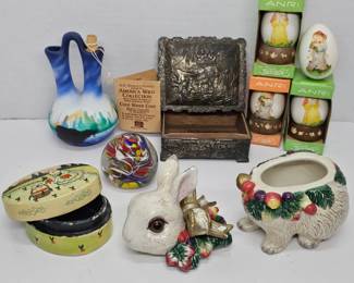 America Wild Collection - Cold Water Cove Hand Painted Vase, Vintage Metal/Wood Box, 4x Anri Eggs, Colorful India Paperweight & Fitz and Floyd Classics Bunny Trinket Box