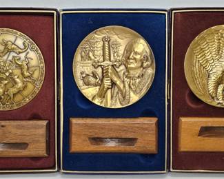 3x Medallic Art Co Bronze Medallions w/ Wood Stand