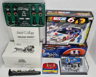 Department 56" The Original Snow Village Turn of the Century Street Lamps & Holiday Hoops.  Department 56 Heritage Village Collection: Central Park Carriage.  1999 Matchbox Superfast BMW 3 Series w/ Box.  1987 Hot Wheels Legends Signature Series Kyle Petty 1:64 Scale w/ Mirrored Display.  Cast Iron Railroad Spike w/ Pewter Cars 6.5".