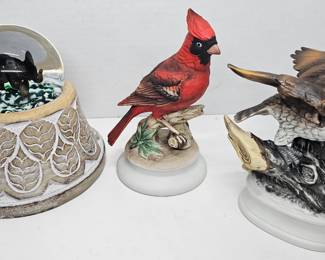 Large 4" 2001 Gibson Sulfide Glass Elephant Paperweight w/ Carved Wood Base.  Lefton Cardinal Porcelain Figurine KW1284.  Brinn's Porcelain Eagle Figurine 4MA-404.