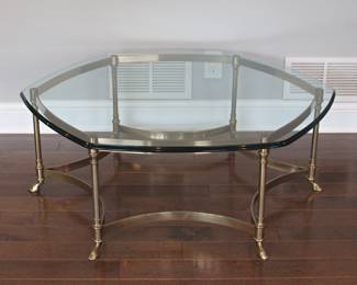 Gorgeous Beveled glass top table with unique "hoof" feet
