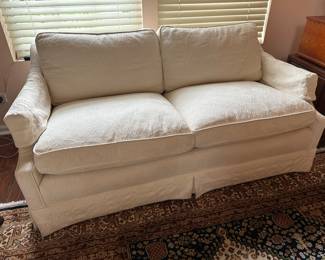 BUY IT NOW!$150. Traditional White Upholstered Loveseat with floral pattern, and down filled cushions 