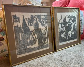 Framed Thai Rice Paper Rubbing Art 