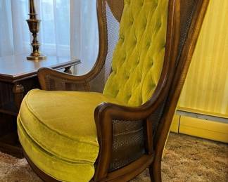 55 1970s Hollywood Regency Crushed Velvet Caned Wingback Chair Detailmin