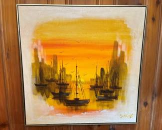 55 MCM J. Keane Sailboats on the Harbor Oil Paintingmin