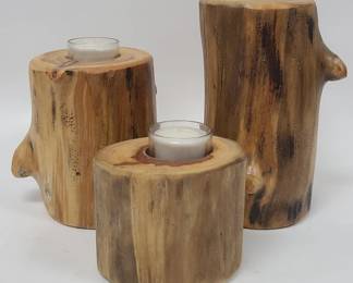 3 Rustic Natural Wood Candle Holders