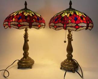 2 Tiffany Style Dragonfly Leaded Glass Lamps