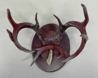 Red Silver 8 Point Deer Antlers on Wood Plaque