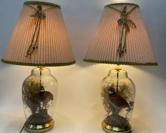 2 Glass & Brass Wildlife Collection Quail Lamps