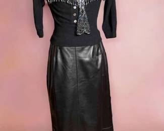 Vintage Dalton Cashmere Sweater And Black Lambskin Leather Skirt
