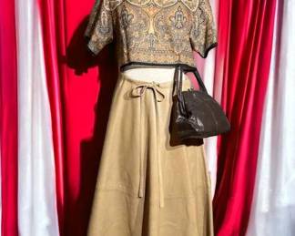 Print Top With Leather Skirt And Handbag