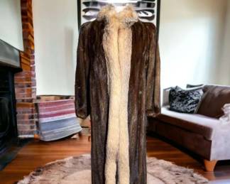 Full Length Brown Mink Coat With Crystal Fox Tuxedo Front