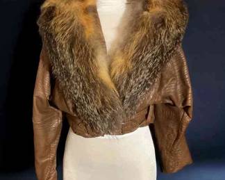 Belted Brown Textured Leather Cropped Jacket With Fur Collar