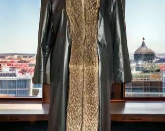 Black Synthetic Coat Lined In Fur With Fox Tail Trim