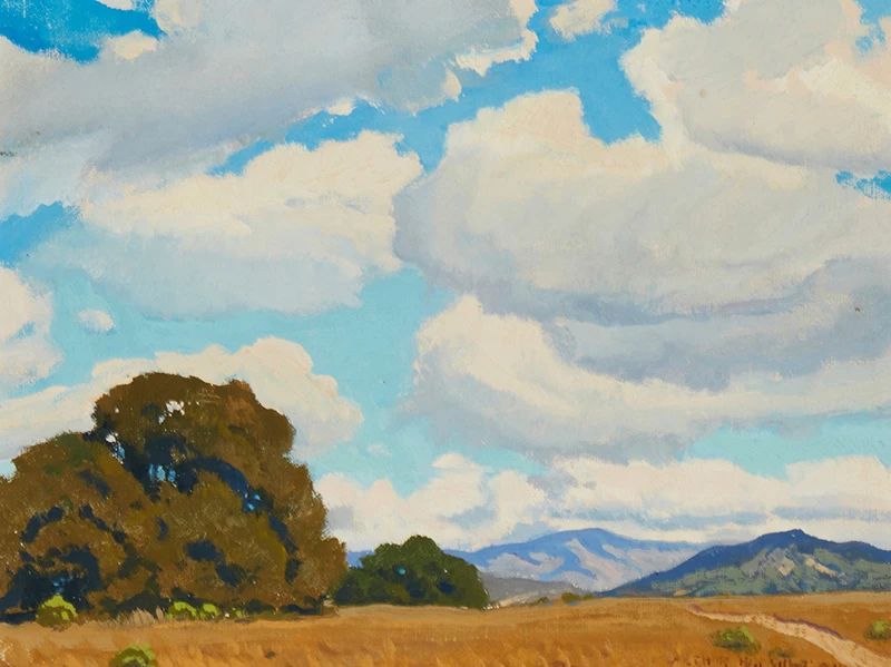 2001
Arthur Hill Gilbert
1894-1970
Landscape With Oak Tree And Cloudy Sky
Oil on canvasboard
Signed lower right: Arthur Hill Gilbert
9" H x 12" W
Estimate: $600 - $800