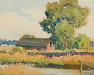 2002
Arthur Hill Gilbert
1894-1970
Red Barn Near A Stream
Oil on canvas laid to board
Signed lower left: Arthur Hill Gilbert
9" H x 12" W
Estimate: $600 - $800