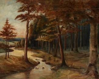 2009
Lee Fluke
20th century
Wooded Landscape With Flowing Stream
Oil on canvas
Signed lower right: Lee Fluke
18" H x 24" W
Estimate: $100 - $200