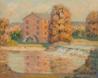 2010
Late 19th/Early 20th Century American School
Watermill
Oil on board
Indistinctly signed lower right
11.5" H x 13.75" W
Estimate: $300 - $500