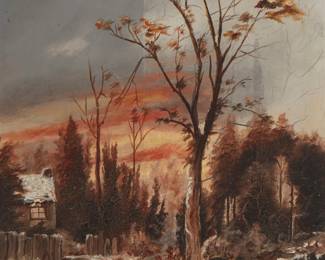 2011
20th Century American School
Cottage In A Winter Landscape At Sunrise
Oil on board
Indistinctly signed lower left
18.5" H x 10.75" W
Estimate: $100 - $200