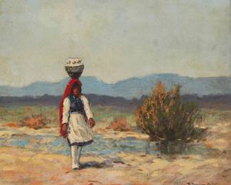 2020
Ralph Davison Miller
1858-1945
Young Woman Head-Carrying A Pot In A Desert Landscape
Oil on canvas
Signed lower right: R. Davison Miller
20" H x 24" W
Estimate: $800 - $1,200