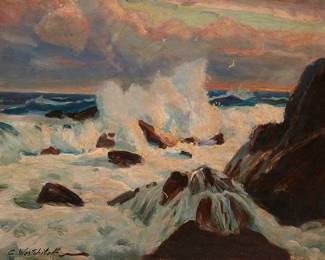 2023
Constantin Westchiloff
1875-1945
Waves Breaking Against A Rocky Coast With Seagulls
Oil on canvas laid to canvas
Signed lower left: C. Westchiloff
22" H x 28" W
Estimate: $2,000 - $3,000