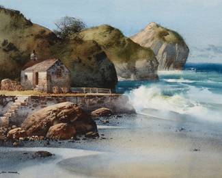 2024
Tom Nicholas
b. 1934
"Blue Day, Mullion Cove"
Watercolor on paper
Signed lower left: Tom Nicholas; titled in another hand on a card affixed verso
Sight: 17.75" H x 23" W
Estimate: $600 - $800
