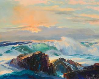 2025
Bennett Bradbury
1914-1991
"Little Corona"
Oil on canvas
With the incised signature lower right: Bennett Bradbury; signed again and titled in ink on the stretcher
18" H x 24" W
Estimate: $600 - $800