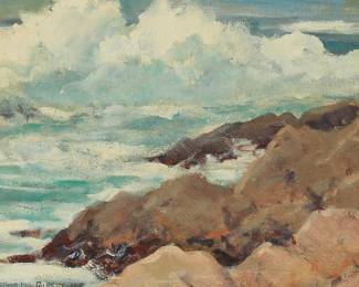 2027
Arthur Hill Gilbert
1894-1970
Waves Breaking Against The Rocky Shore
Oil on canvasboard
Signed lower left: Arthur Hill Gilbert
9" H x 12" W
Estimate: $600 - $800