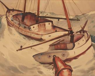 2030
Paul Hull Julian
1914-1995
Sailboats During Rough Seas
Watercolor on paper
Signed in pencil lower left: Paul Julian
19" H x 25.75" W
Estimate: $800 - $1,200